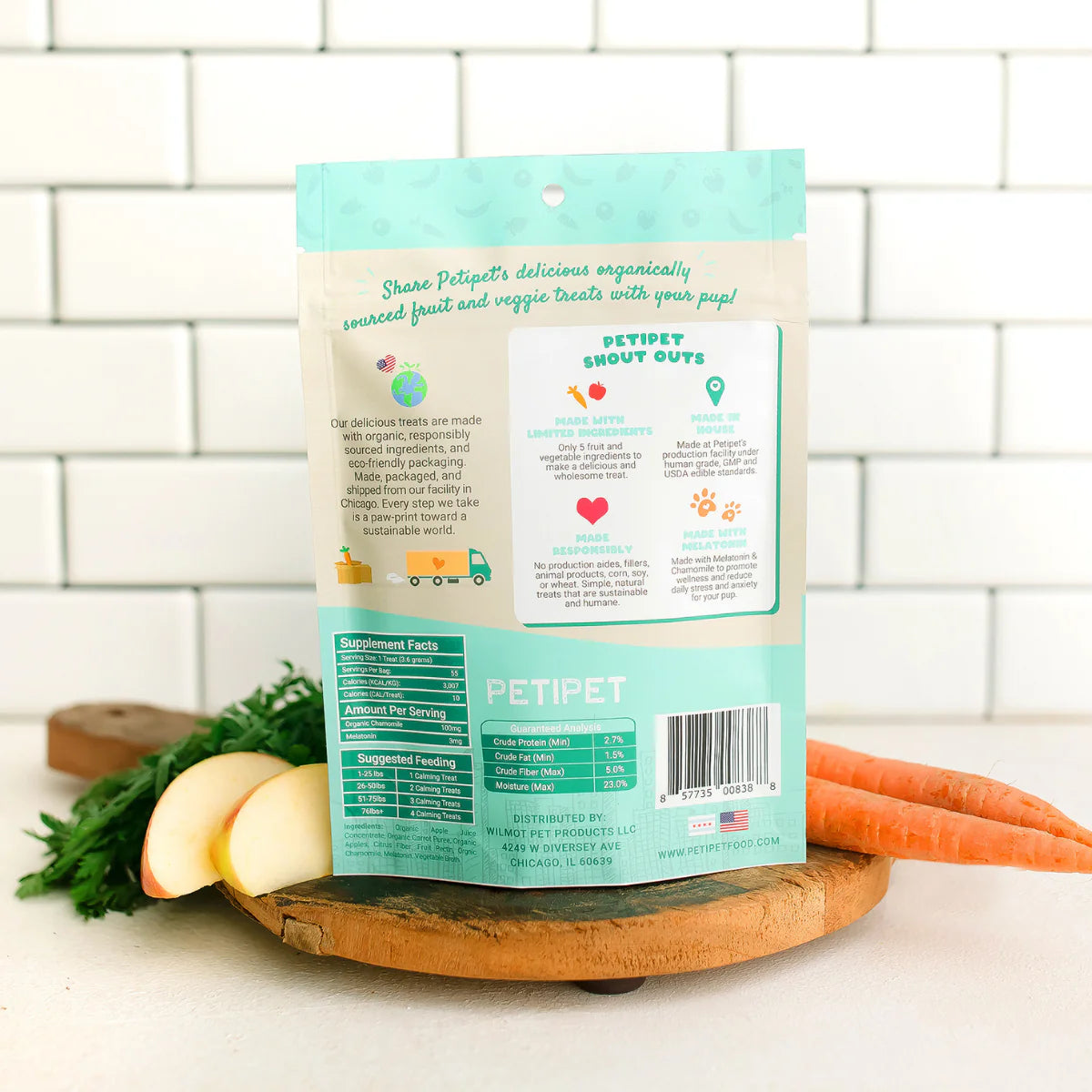 Natural calming dog treats by Petipet with hemp and chamomile for stress relief.