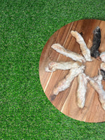 Dehydrated rabbit feet dog treat with fur for natural digestive support and dental health.