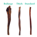 Three different sizes of dog chew sticks labeled 'Bullarge', 'Thick', and 'Standard' on a white background.