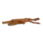 A single strip of beef tendon chew against a black background.