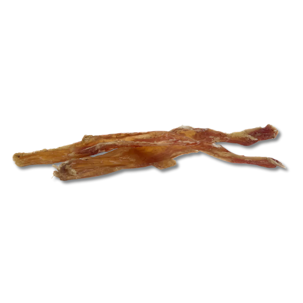 A single strip of beef tendon chew against a black background.