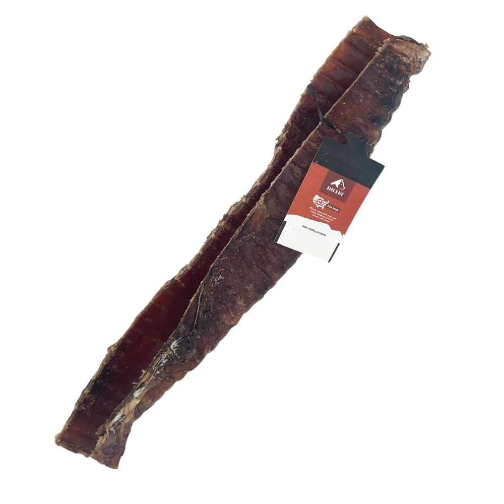A packaged bison trachea treat for dogs displayed against a white background.