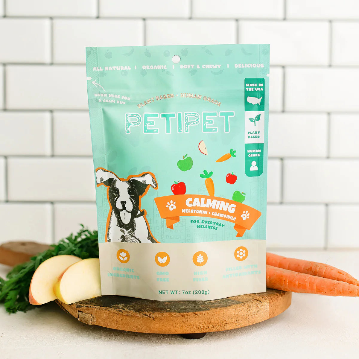 Natural calming dog treats by Petipet with hemp and chamomile for stress relief.