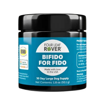 Four Leaf Rover Bifido for Fido pet supplement jar on a white background