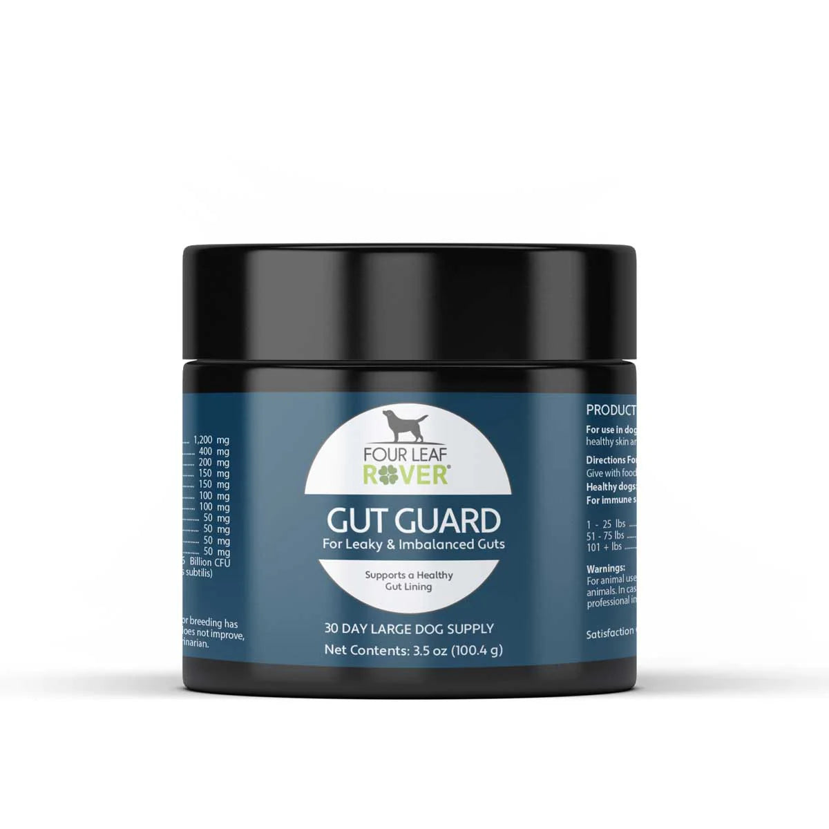 Four Leaf Rover Gut Guard jar on a white background
