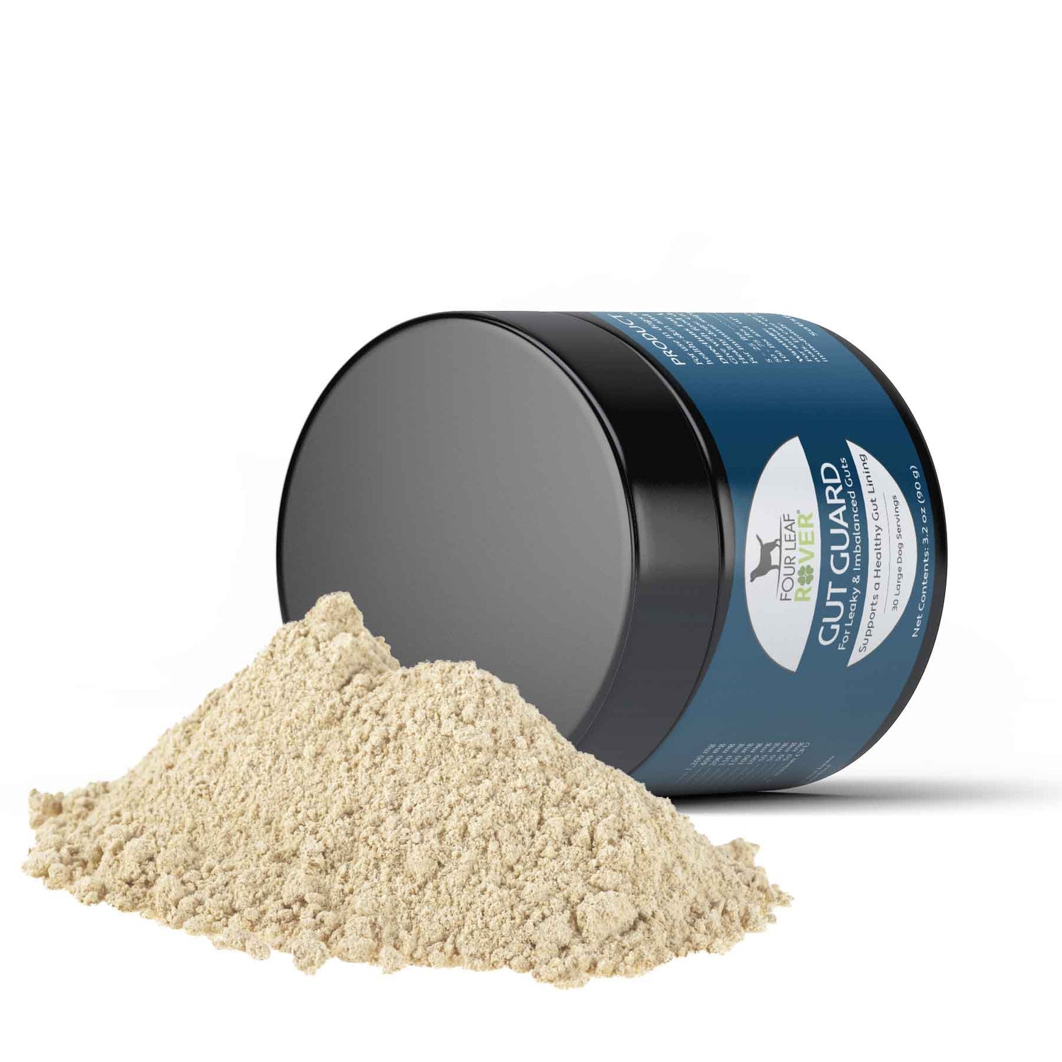 Container of 'Gut Guard' powder with a white background