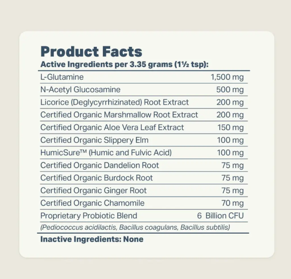 Product facts label with active ingredients on a beige background