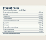 Product facts label with active ingredients and their amounts on a beige background