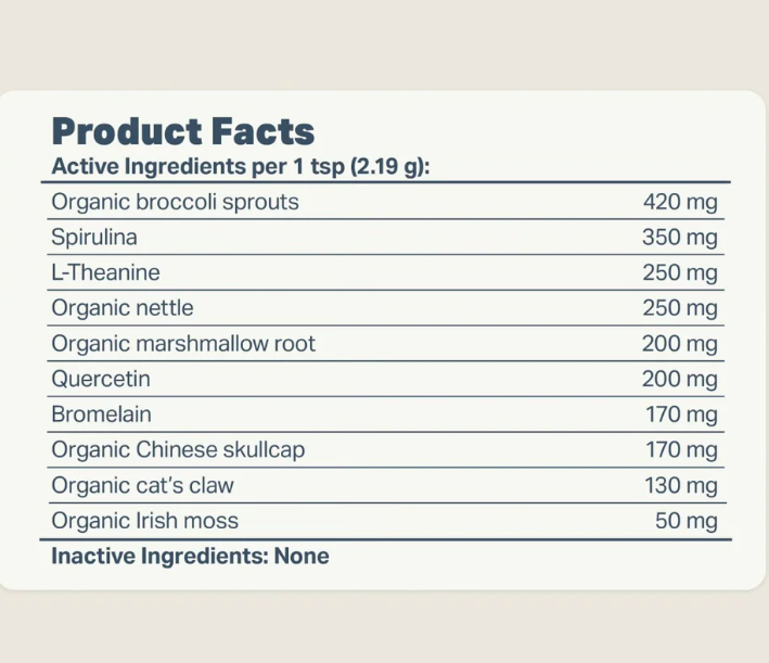 Product facts label with active ingredients and their amounts on a beige background