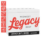 Midwest Legacy Beef BLT and Bone raw dog food packaging showing beef, liver, tripe and ground bone formula
