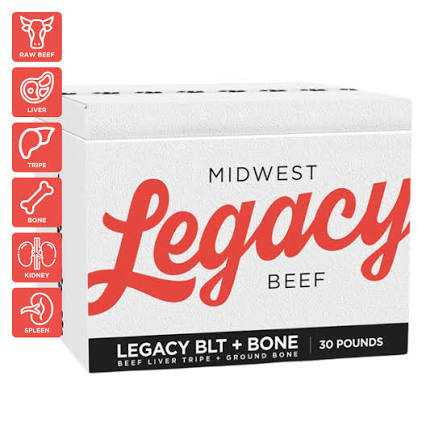 Midwest Legacy Beef BLT and Bone raw dog food packaging showing beef, liver, tripe and ground bone formula