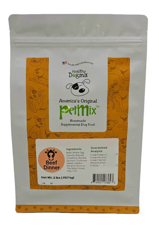 Package of Healthy Dogma PetMix with beef dinner label on a white background