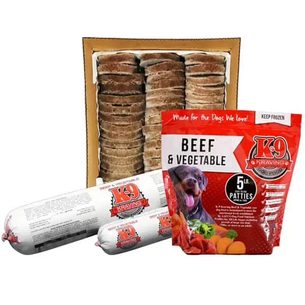 Packaging of K9 Kravings Beef & Vegetable frozen raw dog food. The image shows a red and white package with a picture of the product and a dog.