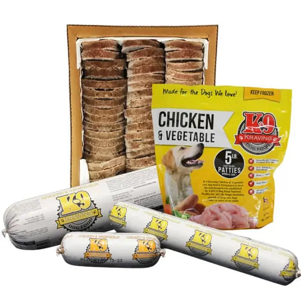 Packaging and pouches of K9 Kravings frozen raw dog food with Chicken & Vegetable flavor. The food is displayed in pouches and a branded box showing the product and its ingredients.