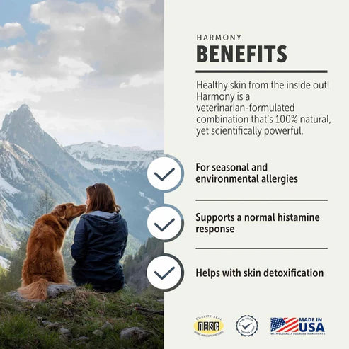 Four Leaf Rover harmony dog supplement to reduce itching and seasonal allergies.