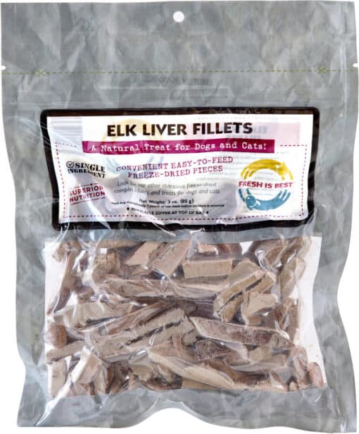 "Freeze-dried elk liver dog treats, single-ingredient natural high-protein snack.