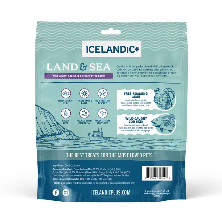 Icelandic+ cod skin and freeze-dried lamb dog treats, natural high-protein food topper.