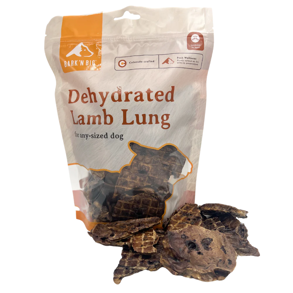 Lamb lung dog treats, novel protein option for dogs with food sensitivities or allergies.