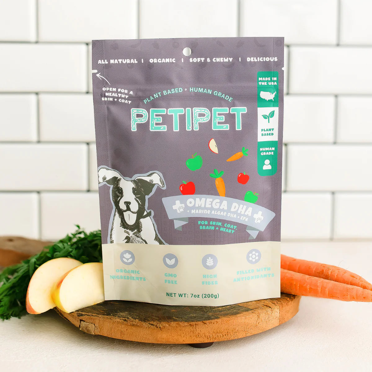 Natural omega dog treats by Petipet with salmon oil for healthy skin and shiny coat.