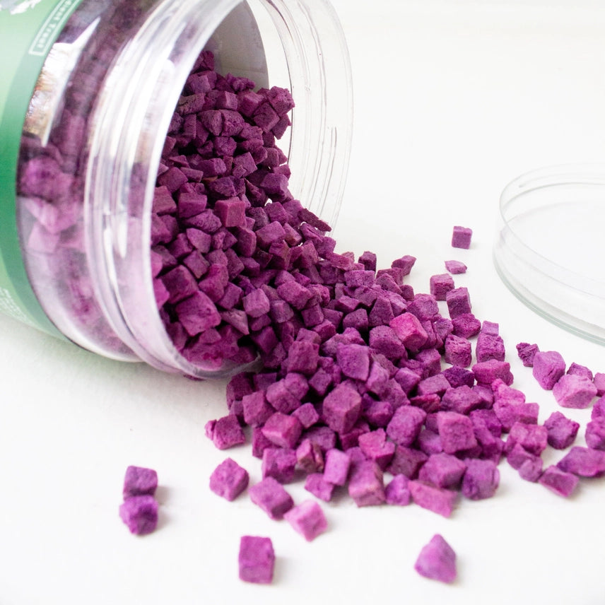 Vegan purple sweet potato dog treats by Plant Dog, natural grain-free snack or food topper for dogs