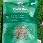 Plant Dog rosemary, mint and kelp biscuits, vegan dog treats for fresh breath and health.