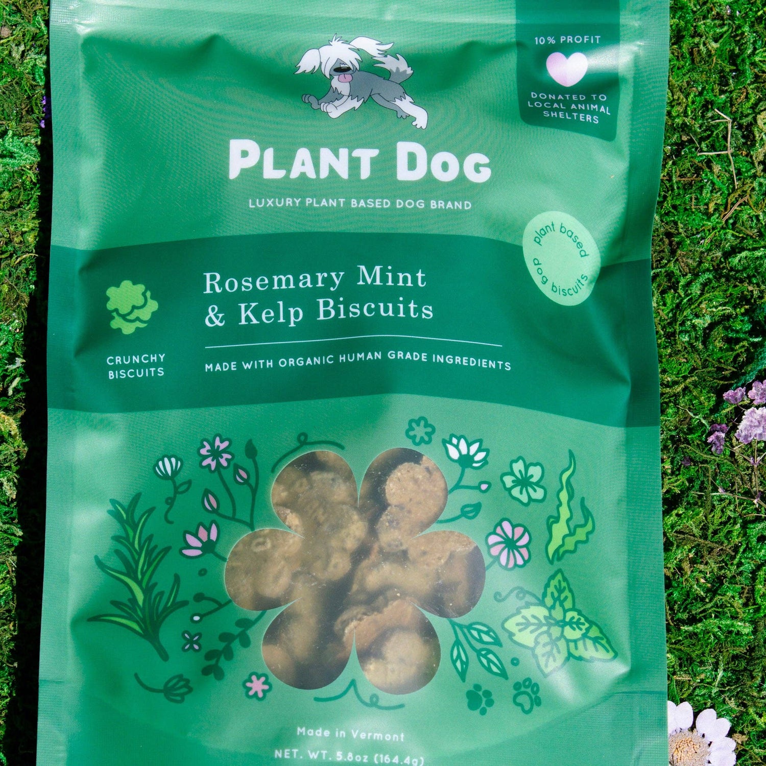 Plant Dog rosemary, mint and kelp biscuits, vegan dog treats for fresh breath and health.