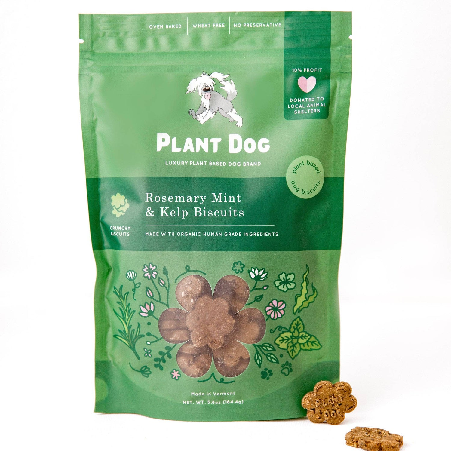 Vegan rosemary, mint and kelp dog biscuits by Plant Dog, natural grain-free treats.