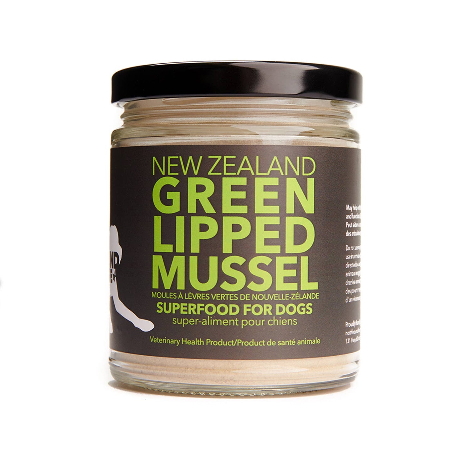 A jar of North Hound Life New Zealand Green Lipped Mussel Powder, with a label that has green text and an image of a dog. The product is presented as a superfood for dogs.
