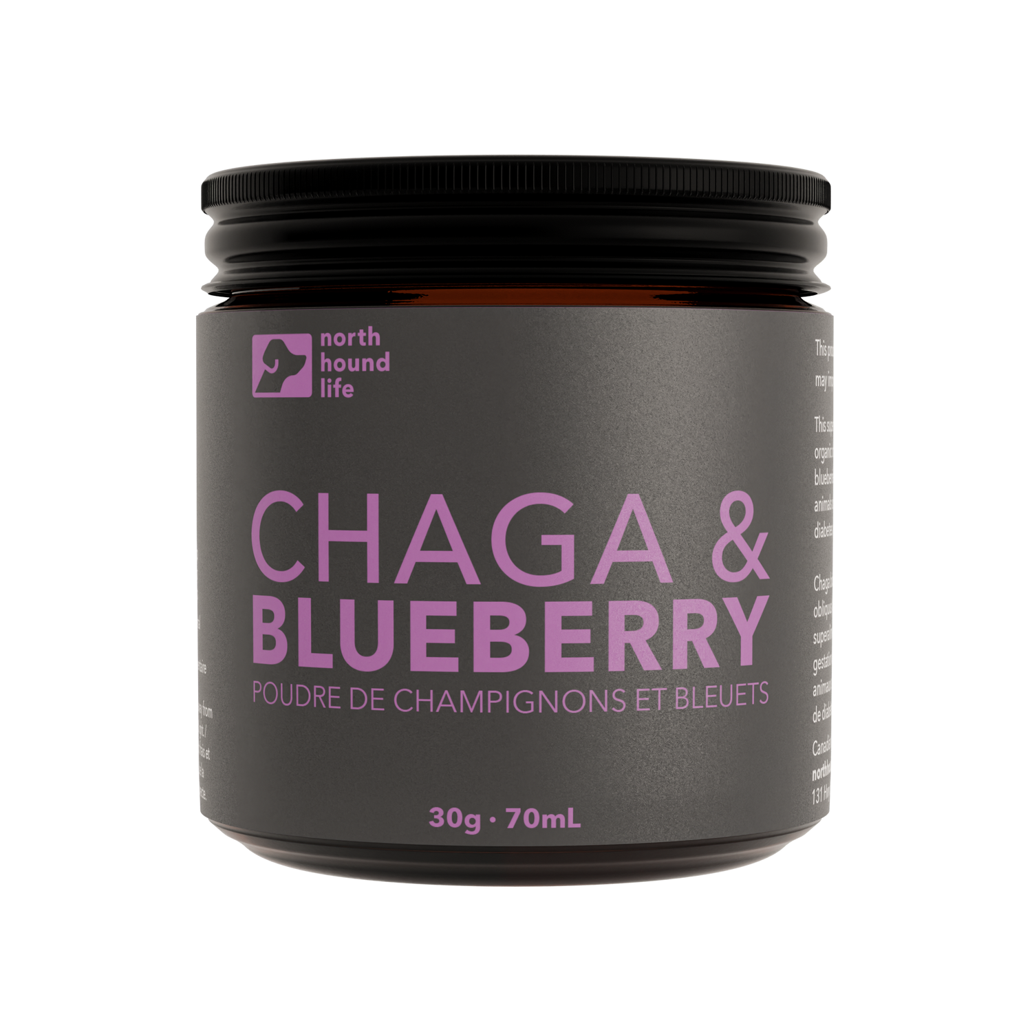 A container of North Hound Life Chaga & Blueberry superfood for dogs, with a label indicating 30g or 0.7 oz weight.
