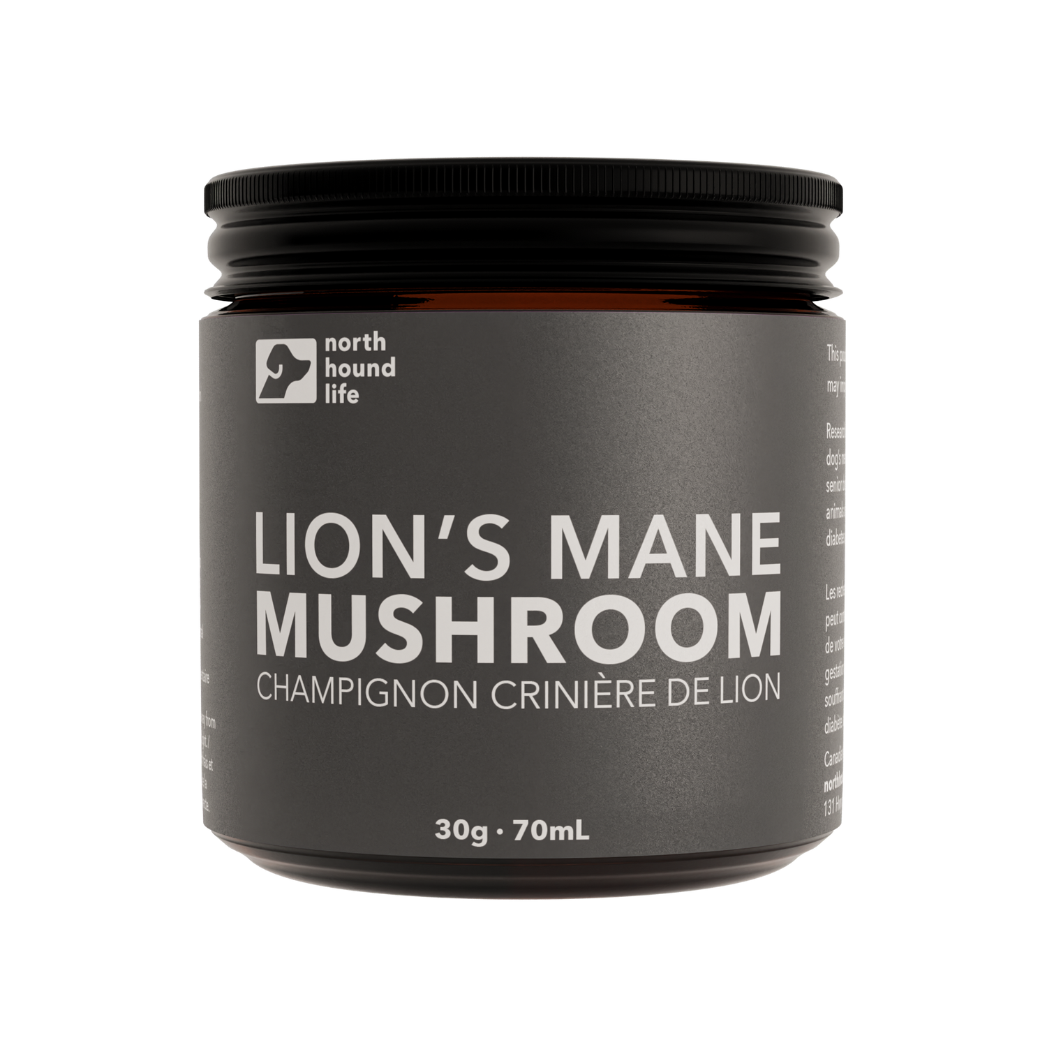 A jar of North Hound Life Lion's Mane Mushroom, with the label indicating it is a 'Champagne Crinère de Lion' and the size is 30g.