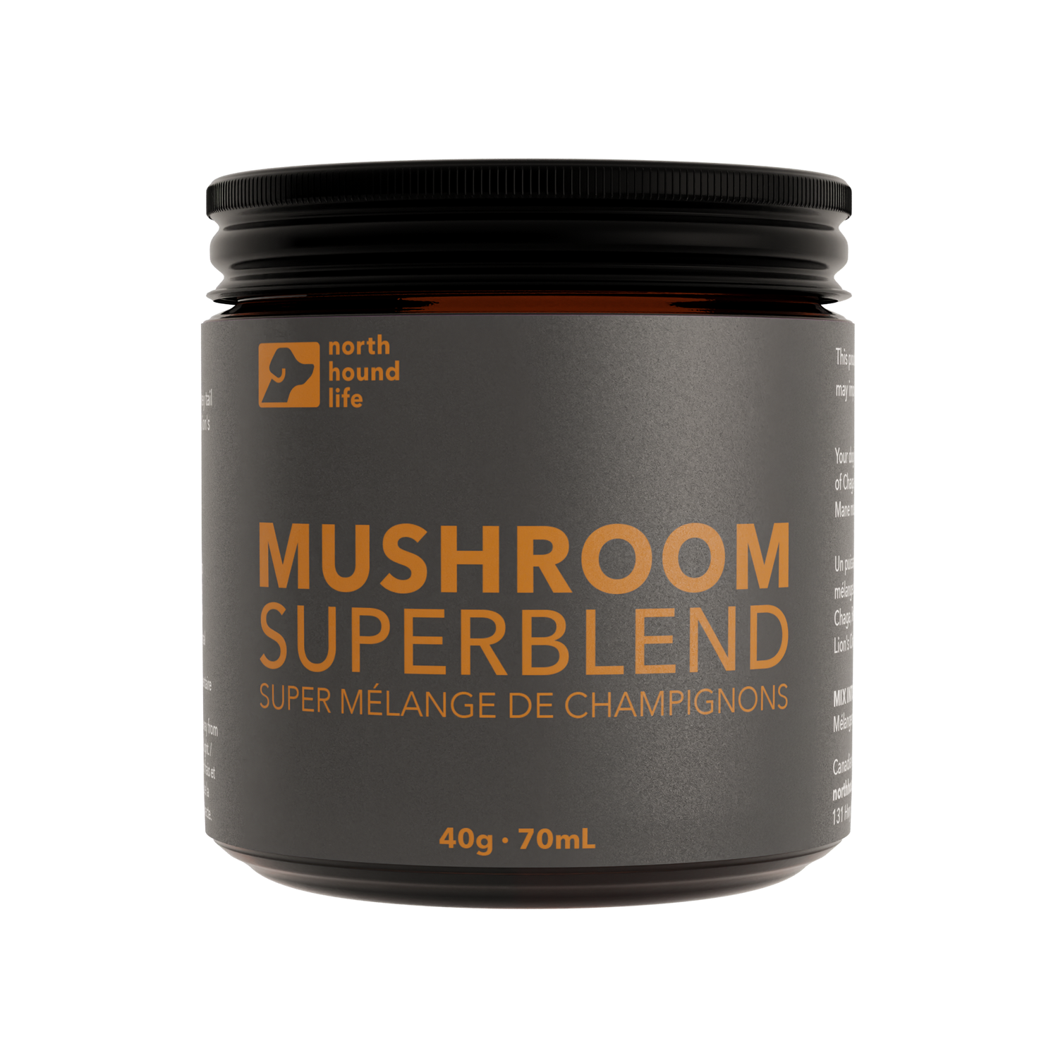 A jar of North Hound Life Mushroom Superblend for dogs, with a label that displays the product name and the mushrooms included in the blend.