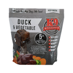 K9 Kraving duck and vegetable raw dog food, frozen complete and balanced meal for dogs.